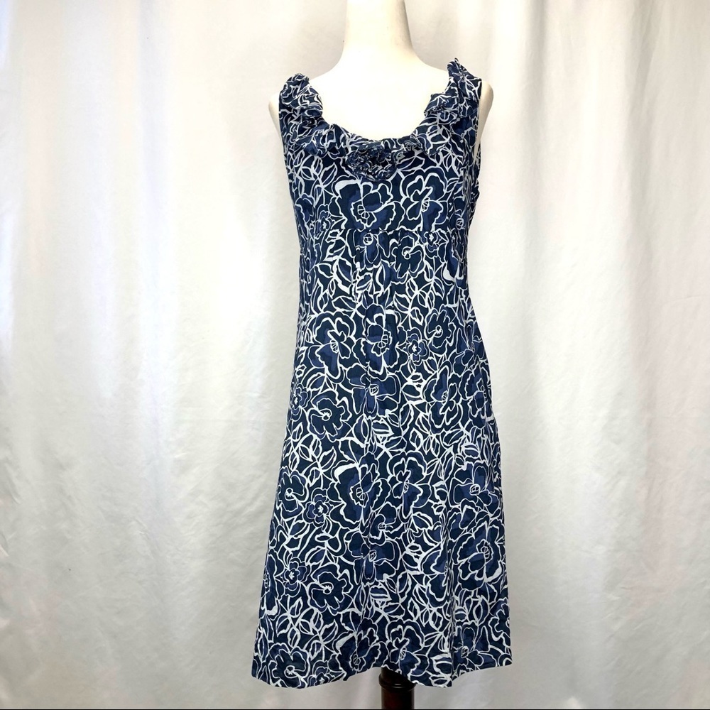 Ann Taylor floral dress sleeveless poppies navy white cotton ruffled neck 6